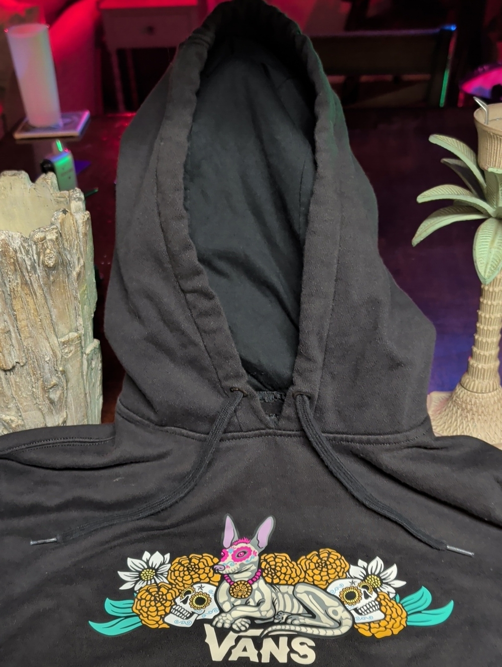 Vans Black Kids Hoodie with Floral Skull Graphic and Pink Masked Dog